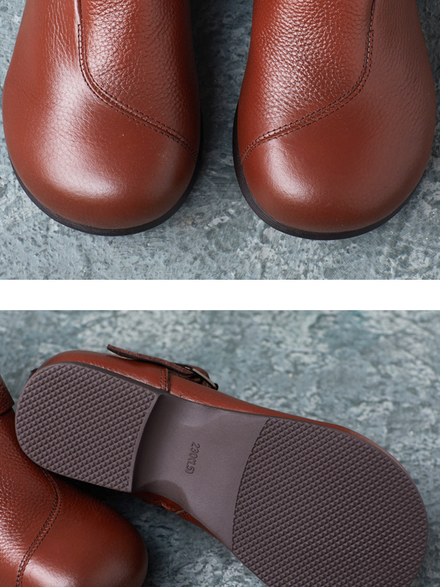 Vintage Autumn Soft Leather Buckle Low Heel Boots
