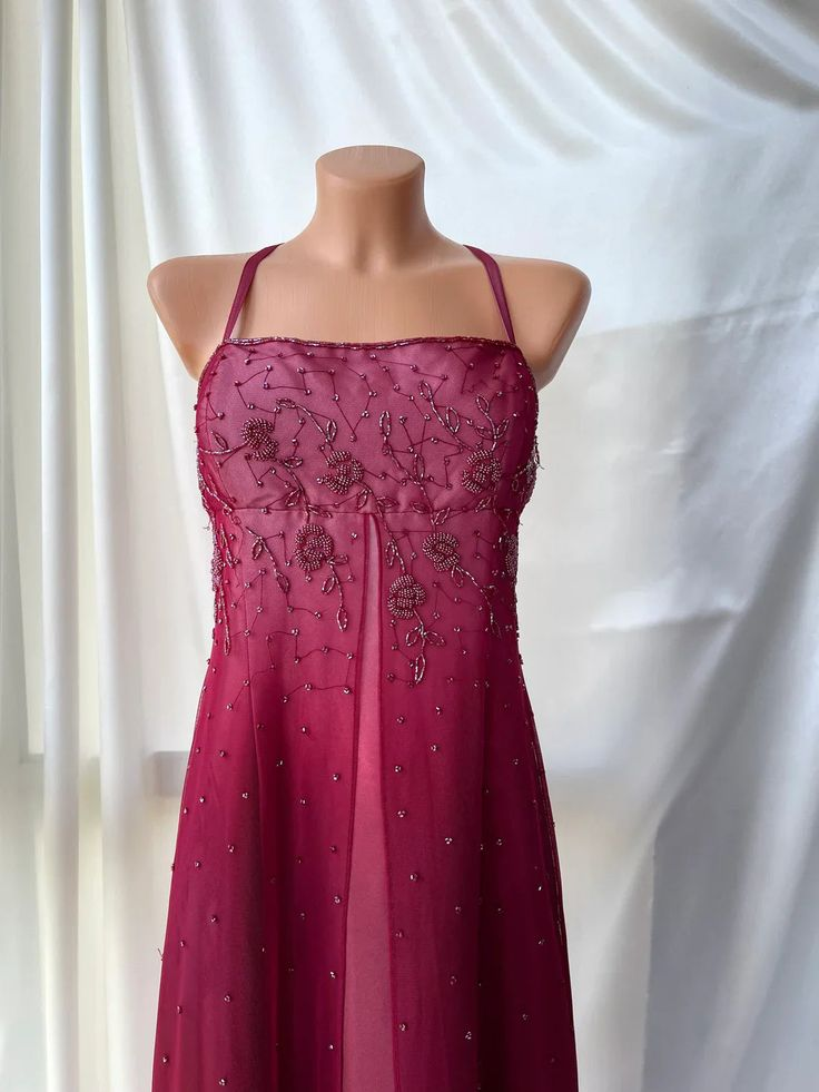 Pretty Spaghetti Straps Ombre Hot Pink Satin Beaded A Line Long Evening Dress Birthday Party Dress D1534