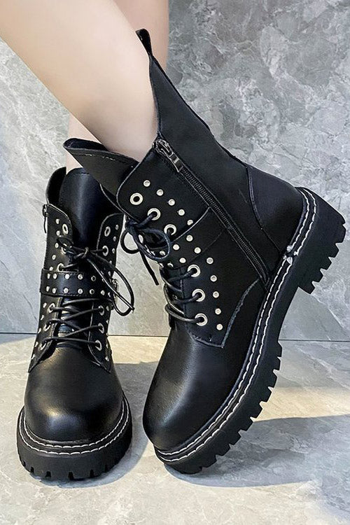 Black PU Lace-up Combat Boots With Rivet - Mislish
