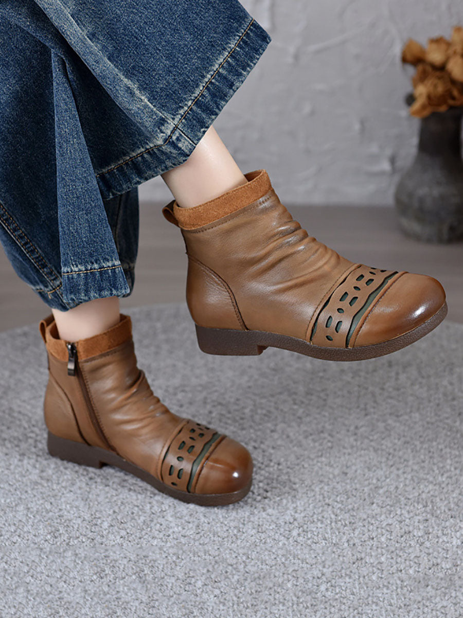 Vintage Leather Spliced Low Heel Ankle Boots
