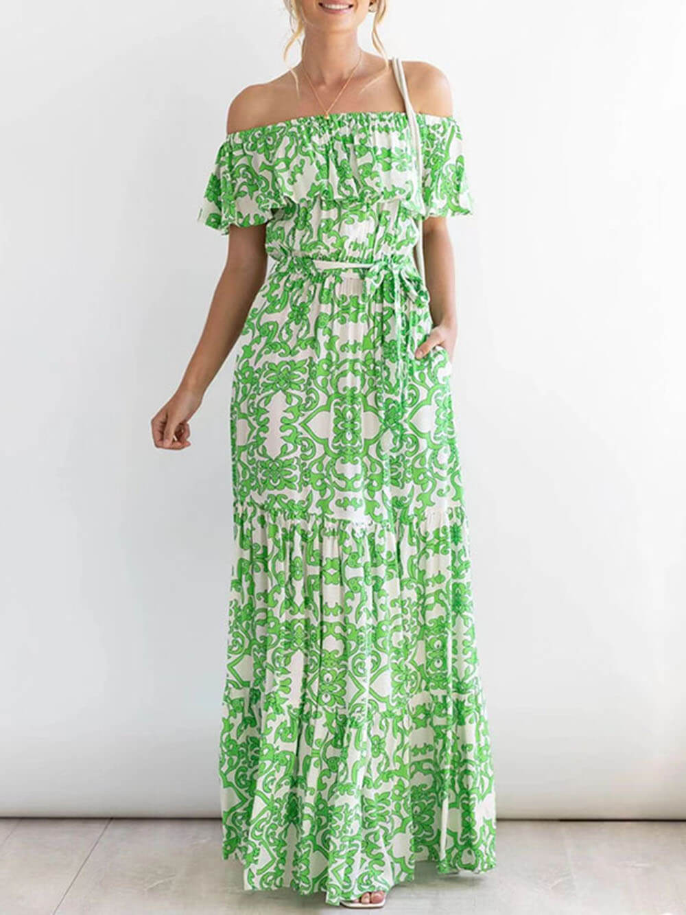 One-Shoulder Short-Sleeve Printed Ruffle Maxi Dress - Fashionpara