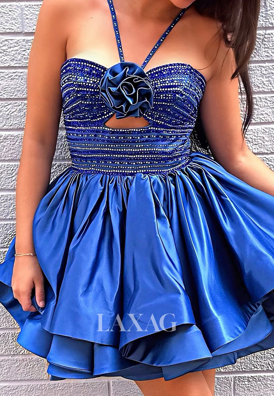 Spaghetti Straps Floral Embellished Beaded Satin Sweetheart A-Line Party Homecoming Dress