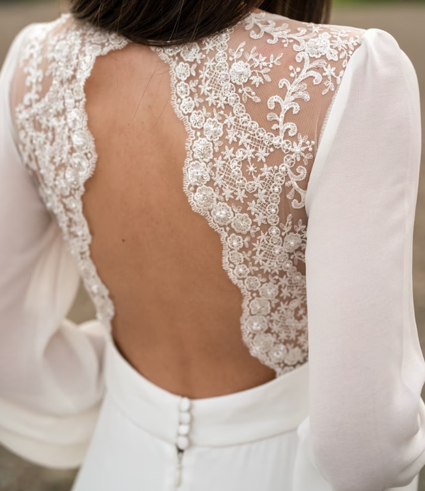 Ivory lace wedding dress, long-sleeve button back long train gown lace & chiffon Wedding Dresses