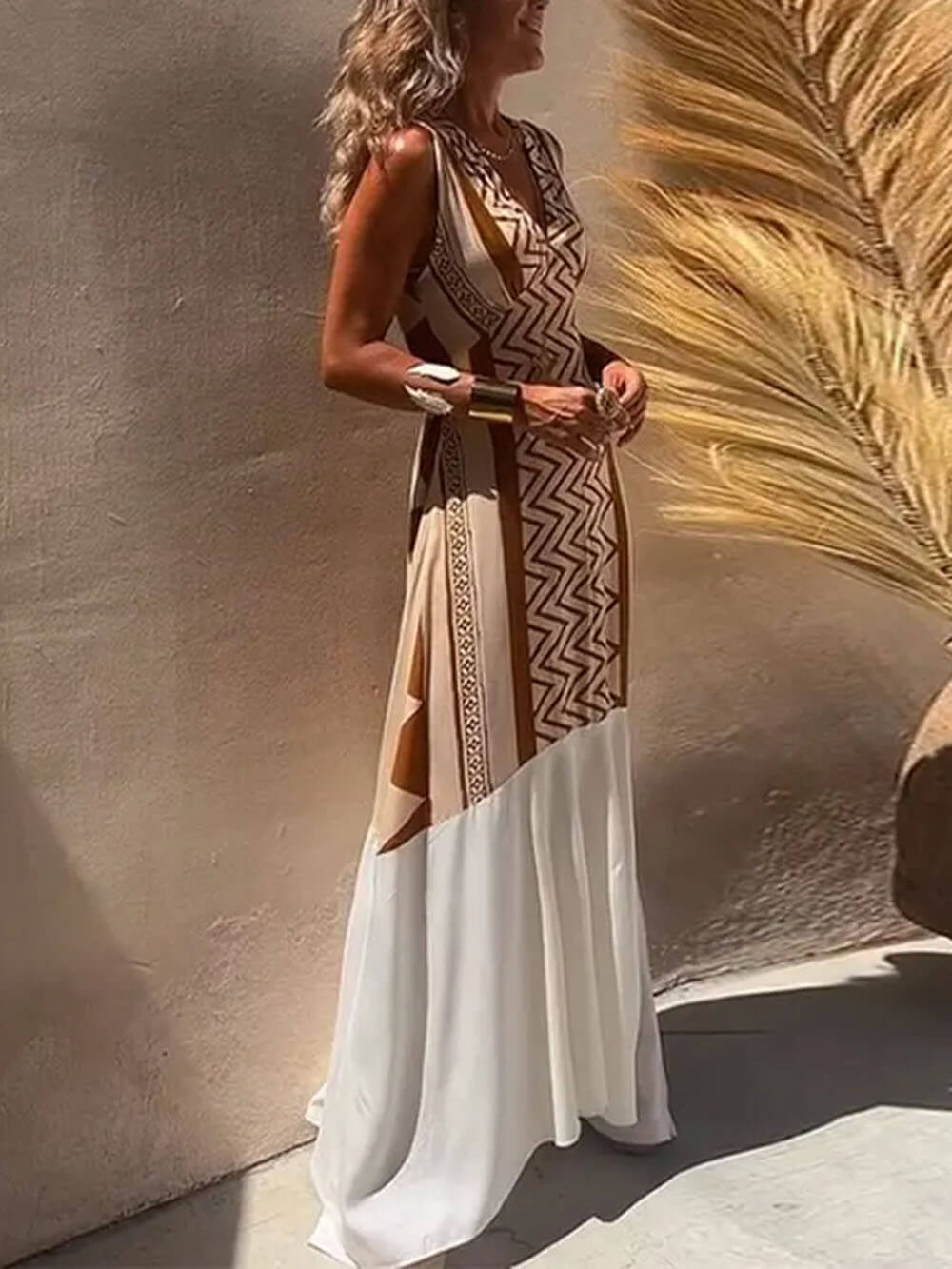 Ethnic Print Patchwork A-line Maxi Dress - Fashionpara
