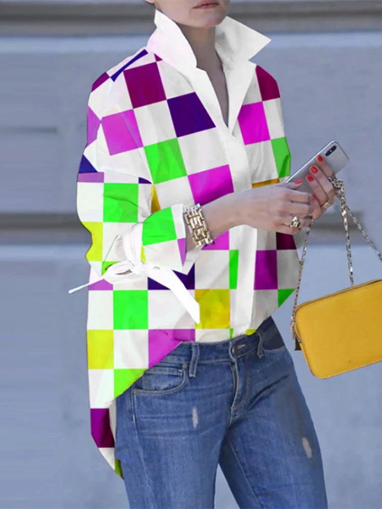 Plus Size Patchwork Plaid Turn-down Collar Blouse