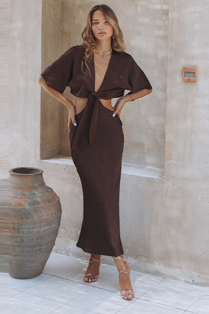 Satin Plunge Tie-Front Cutout Maxi Dress