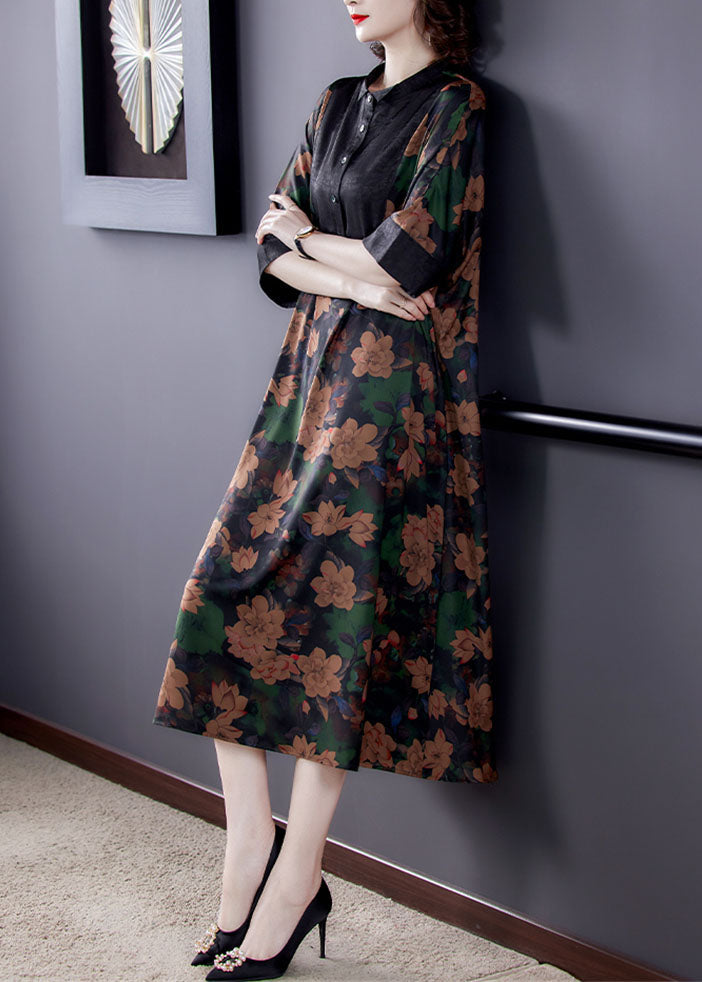 Floral Print Contrast Yoke Button Collar Wide A-Line Midi Dress - View 5