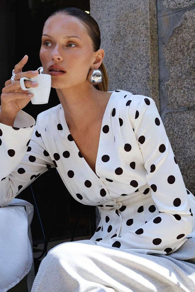 Polka Dot V Neck Fitted Blouse - Fashionpara