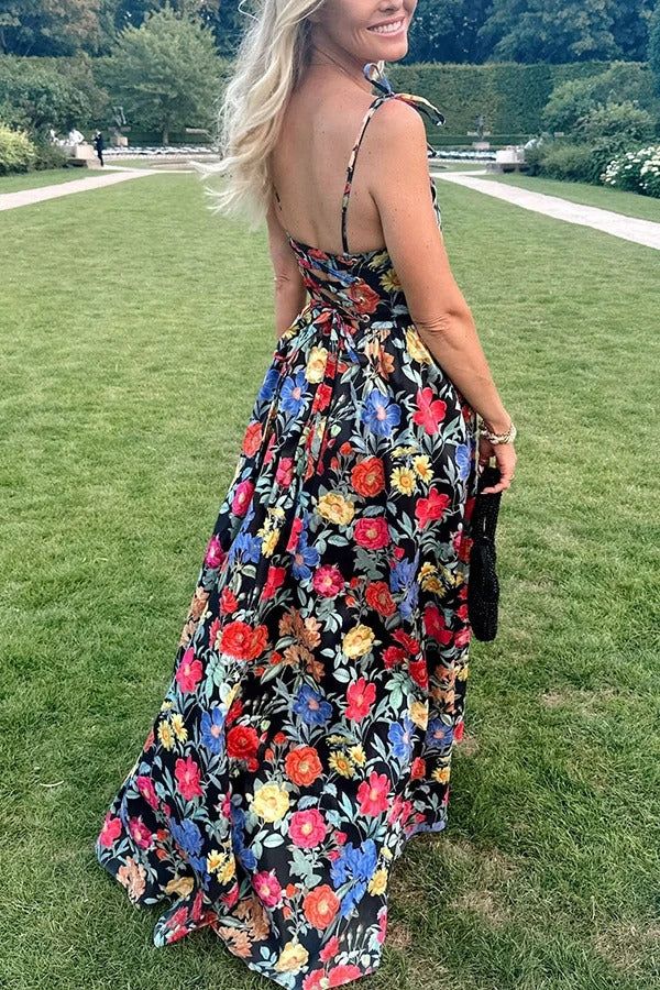 Garden Wedding Floral Print Back Tie-up Pocketed Slit Maxi Dress - Fashionpara