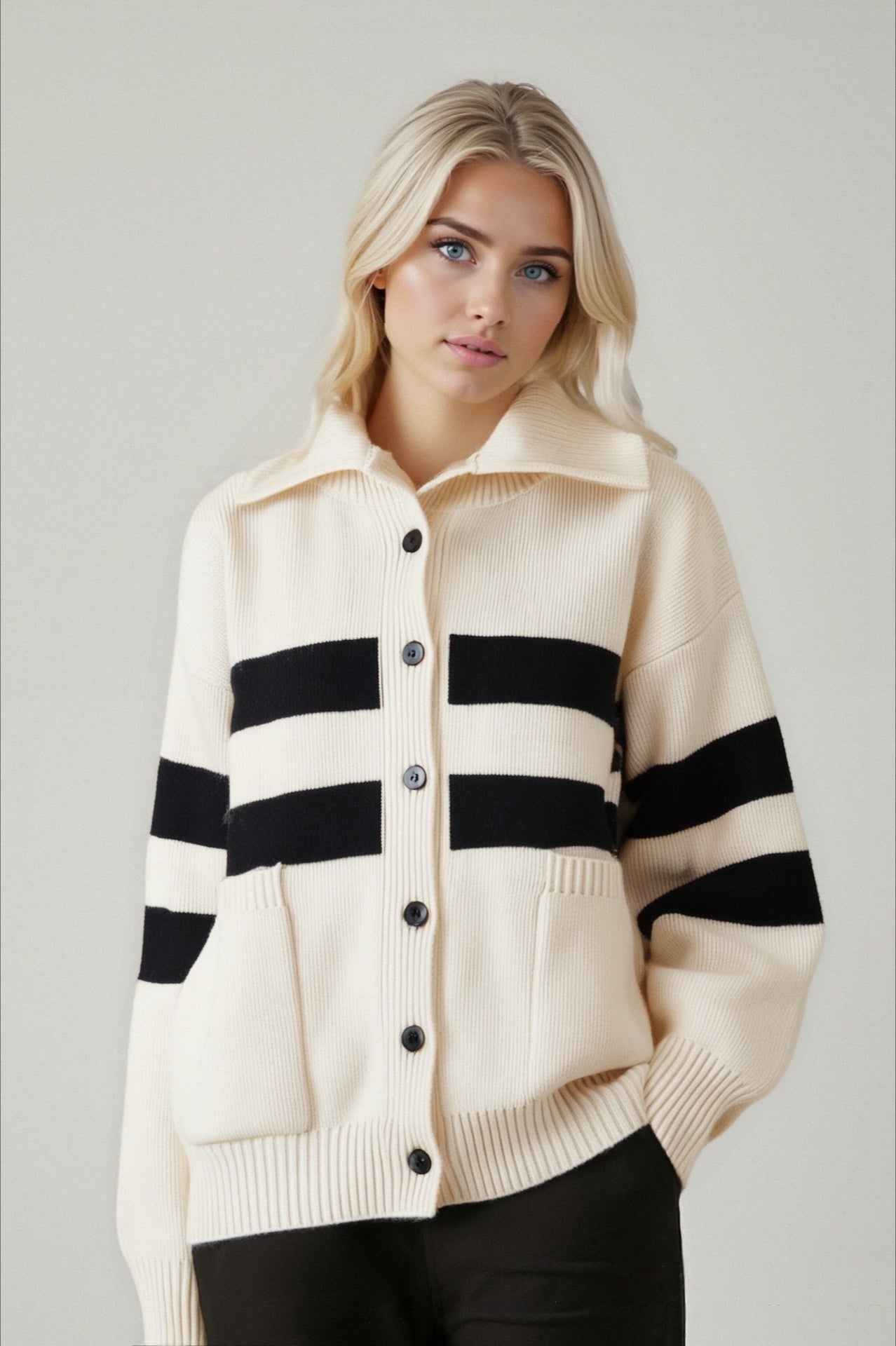 Color Block Stripe Plus Size Knit Turtleneck Cardigan