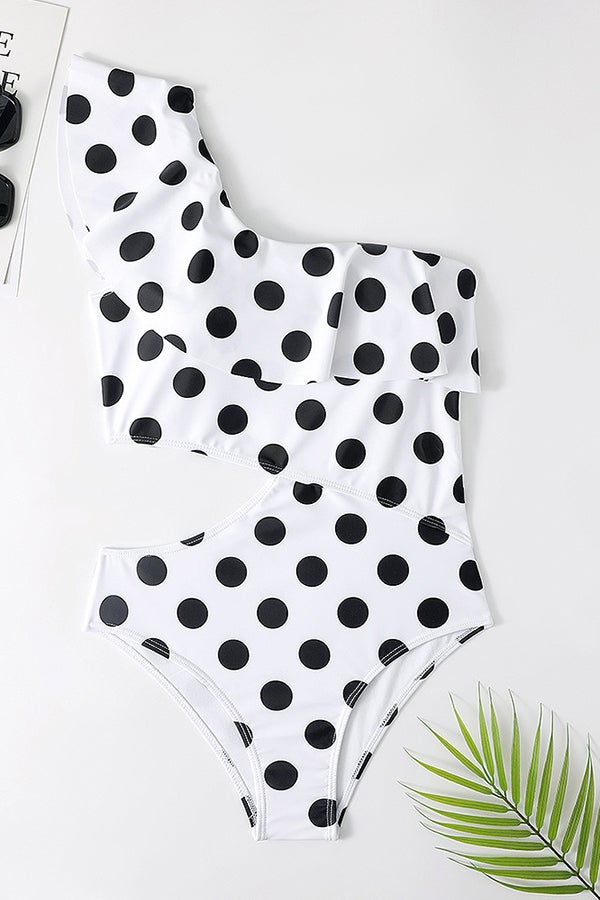 One-shoulder Ruffled Polka Dot One-piece Swimsuit - Fashionpara