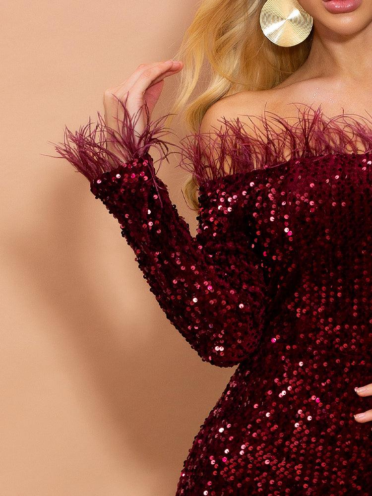Crimson Red Feathered Mermaid Sequins Dress - Fashionpara
