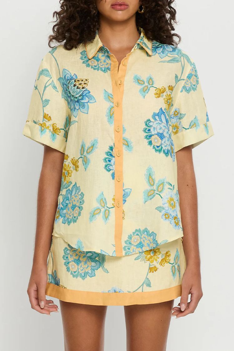 Giselle Linen Blend Floral Print Short Sleeve Shirt and Zipper Mini Skirt Set - Fashionpara