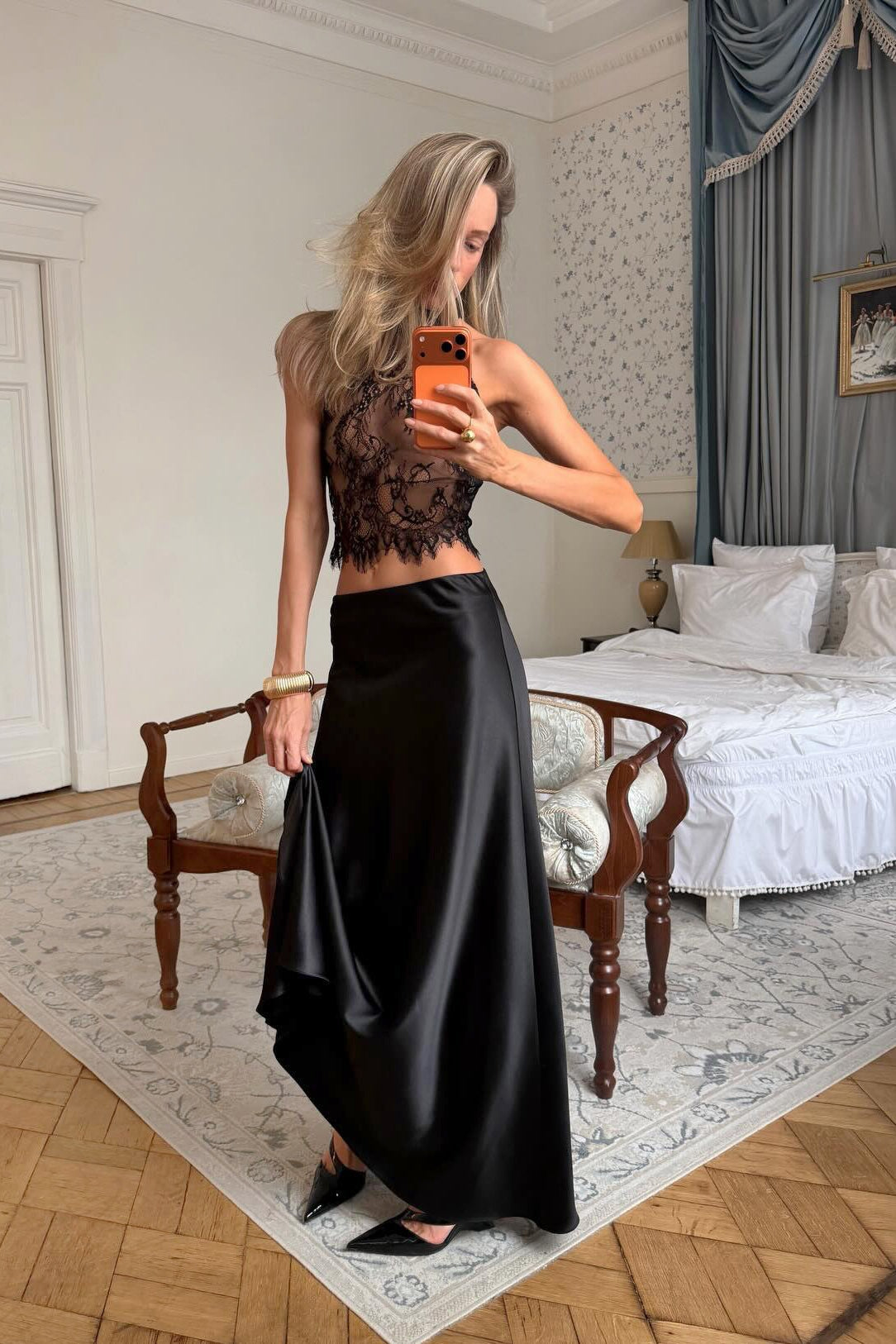 Lace Halter Top and Satin Maxi Skirt Set