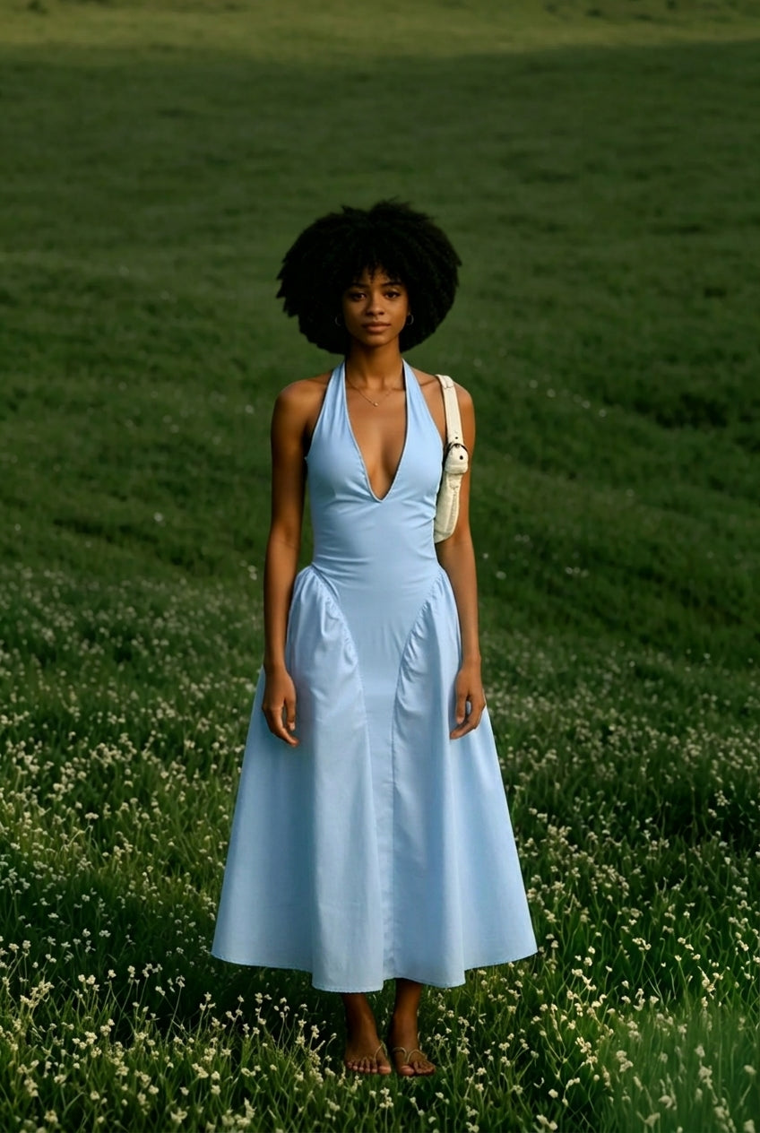 Cotton Plunge Halter Neck Fit-and-Flare Midi Dress