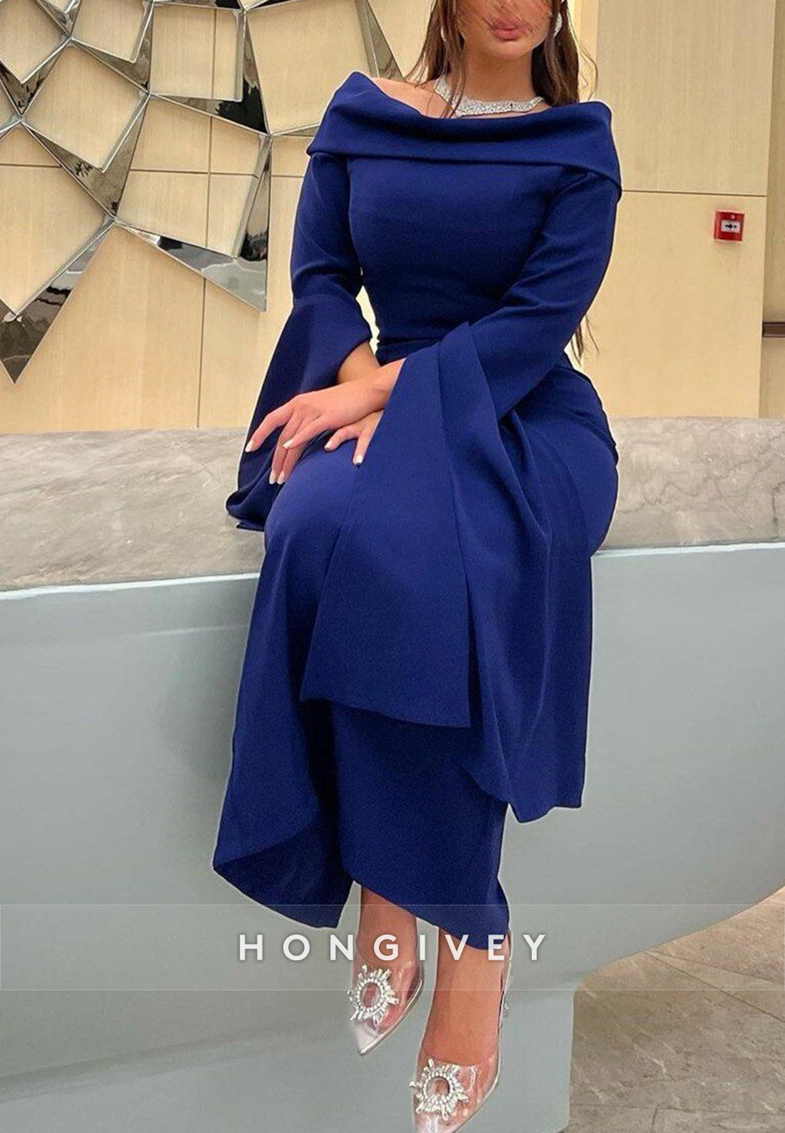 Off the Shoulder Column Long Sleeve Evening Formal Dresses