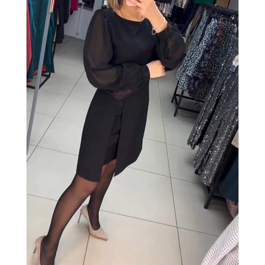 Chiffon Balloon Sleeve Overlap Front Slit Mini Dress