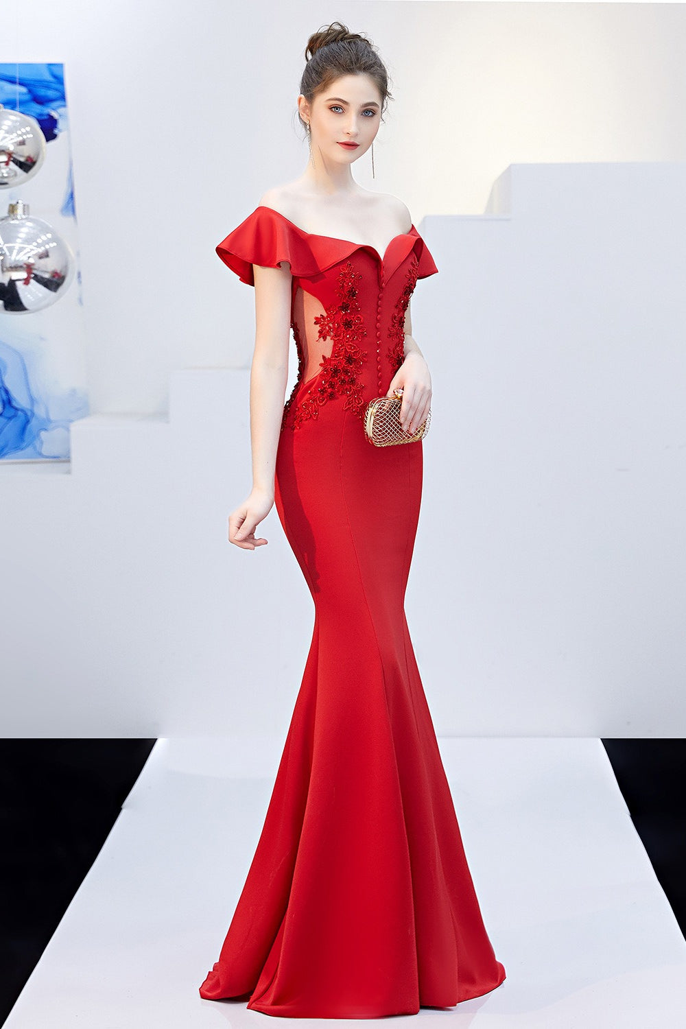 Off Shoulder Ruffle Beaded Mermaid Formal Gown - View 23