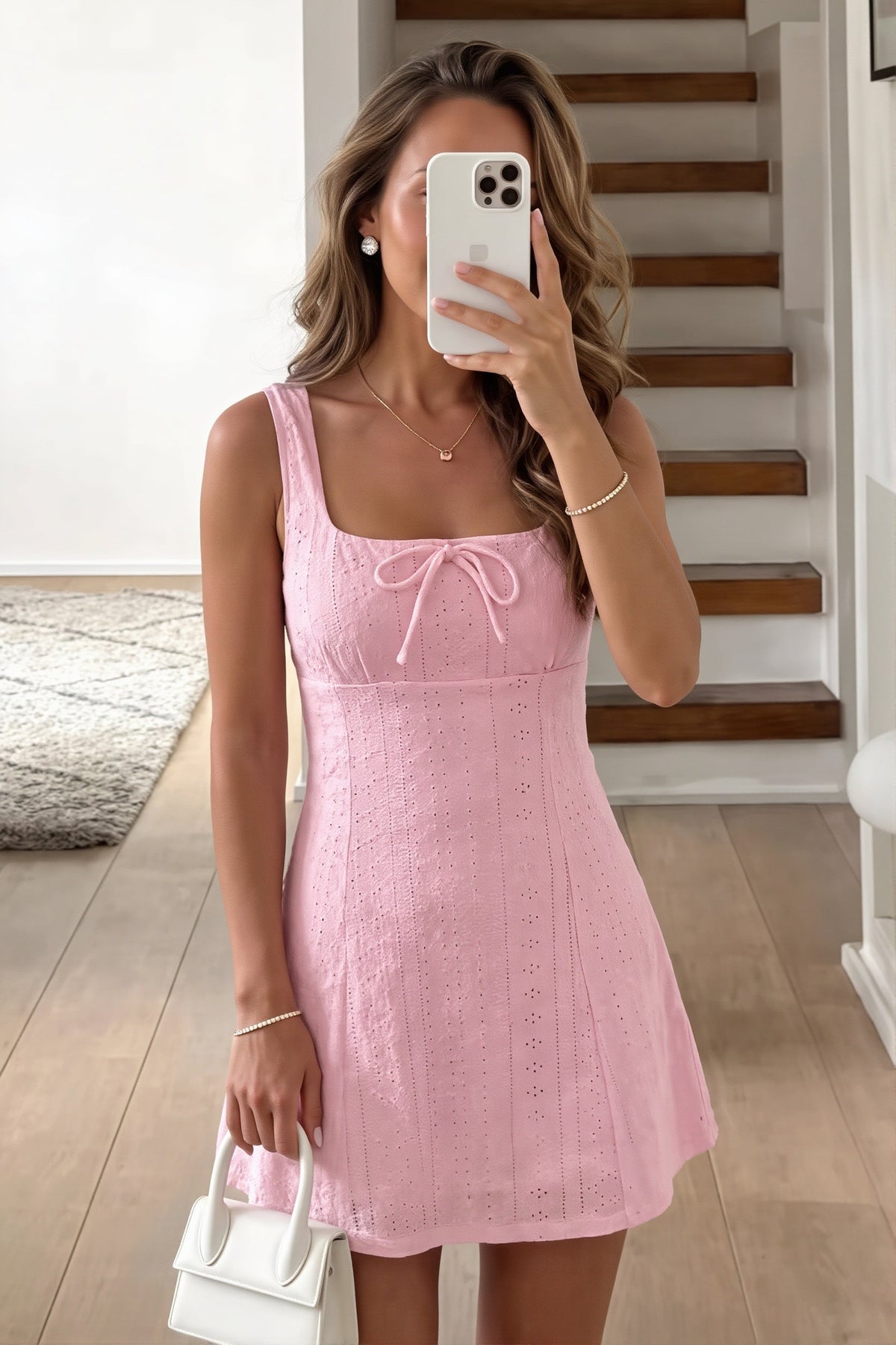 Broderie Square Neck Tie Front Fit and Flare Mini Dress