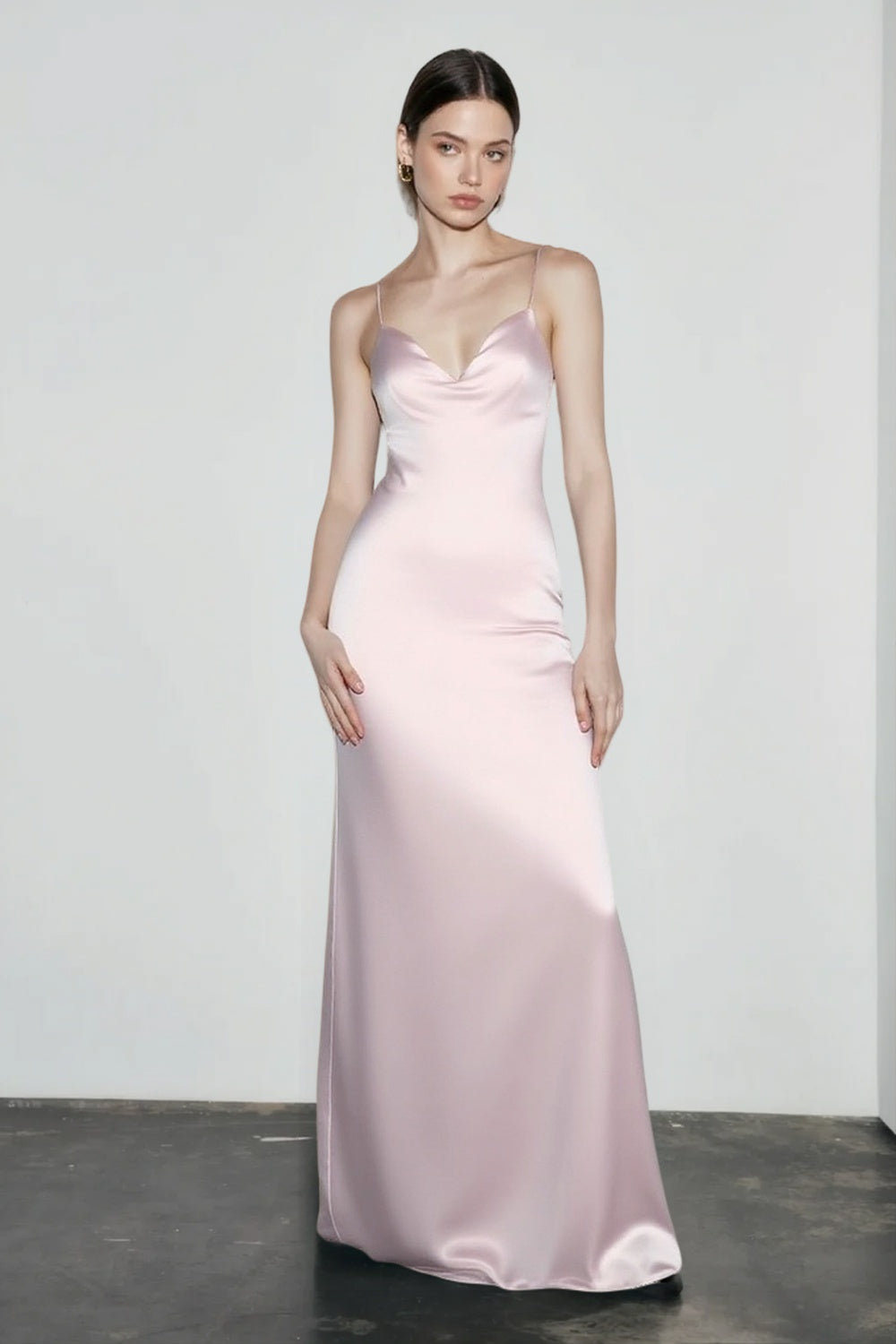 Satin Cowl Neck Spaghetti Strap Slip Maxi Gown 6