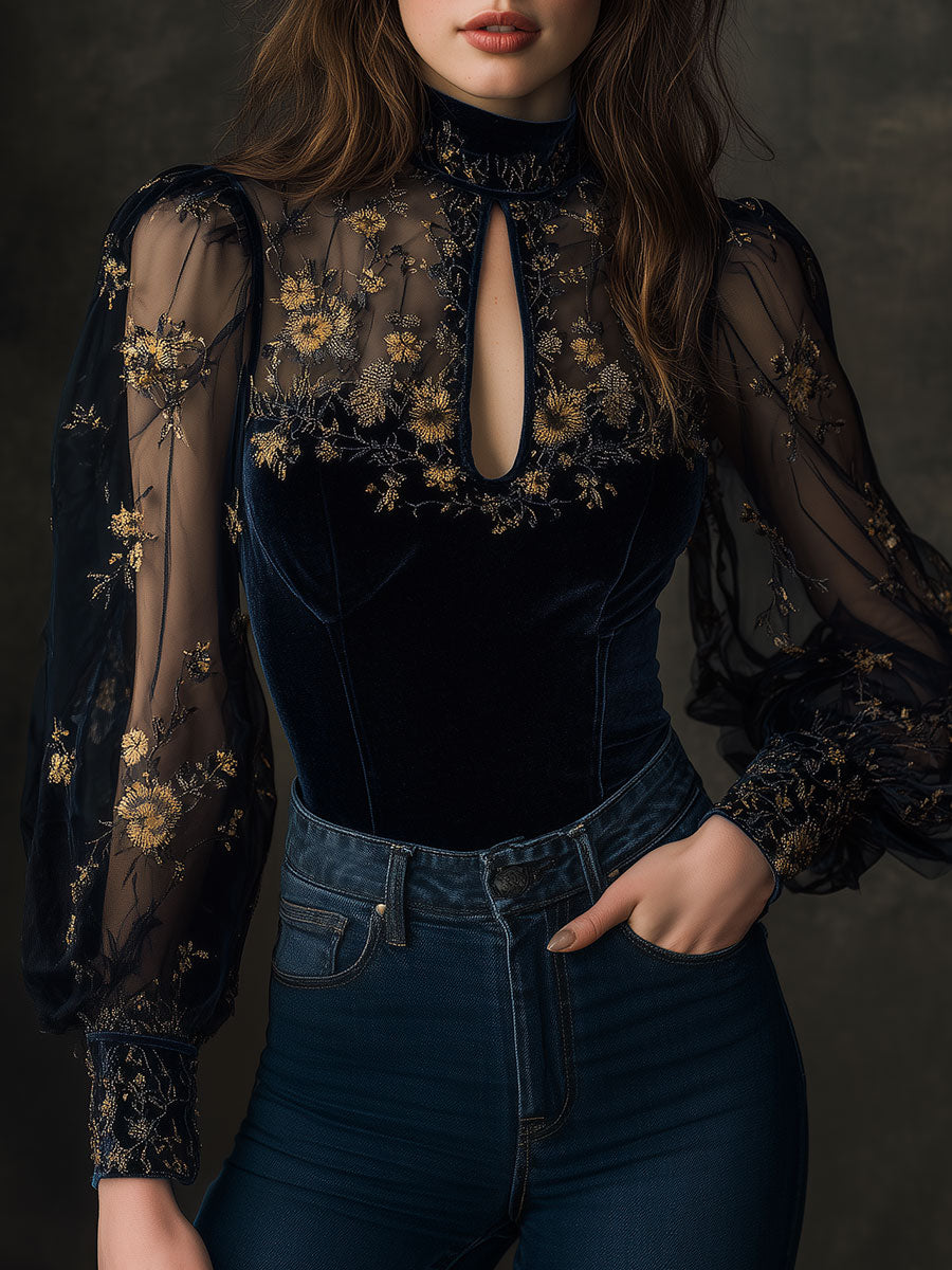 Retro Velvet Embroidered Mesh Stitching Blouse - Fashionpara