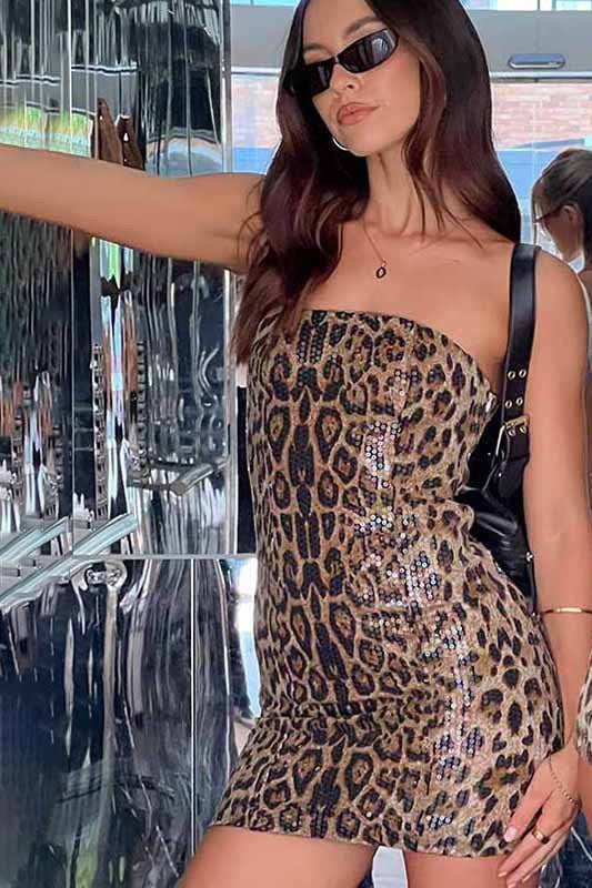 Sequin Animal Print Strapless Bodycon Mini Party Dress