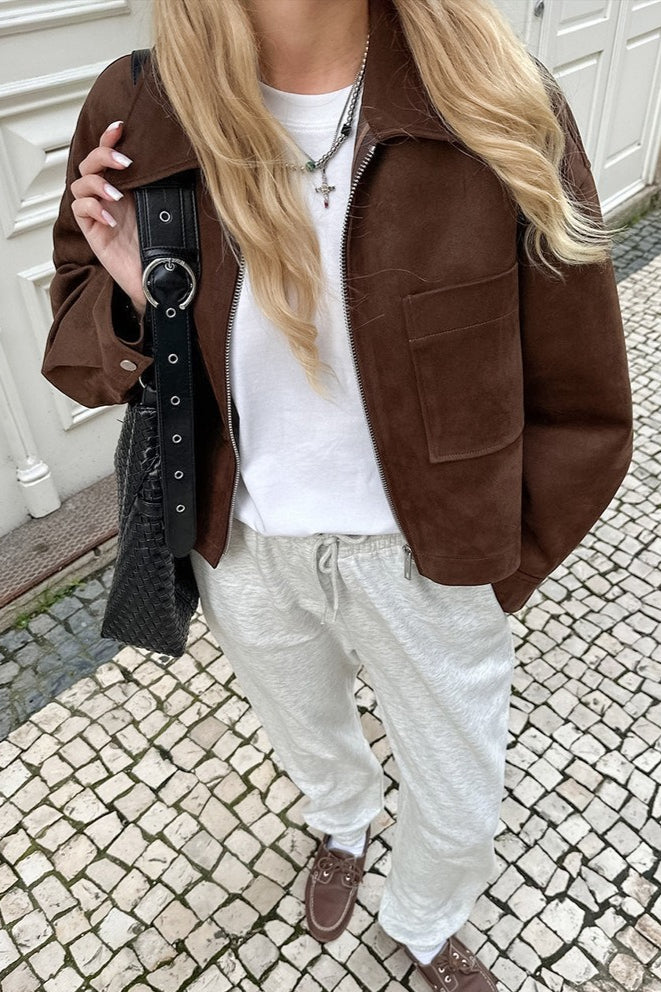 Brown Faux Suede Utility Zip Jacket