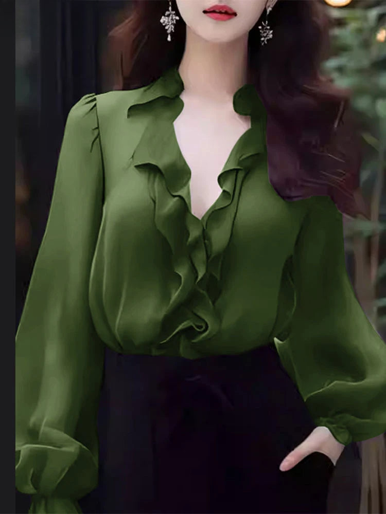 Solid Color Ruffled V-neck Lantern Sleeve Blouse