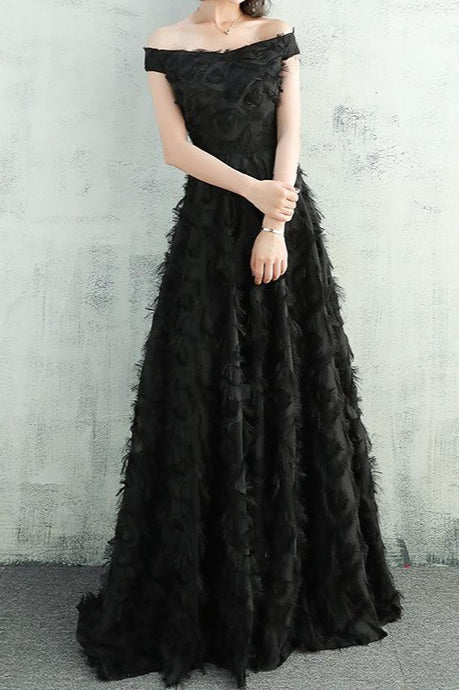 Feather Fringe Off Shoulder A-Line Formal Gown - View 6