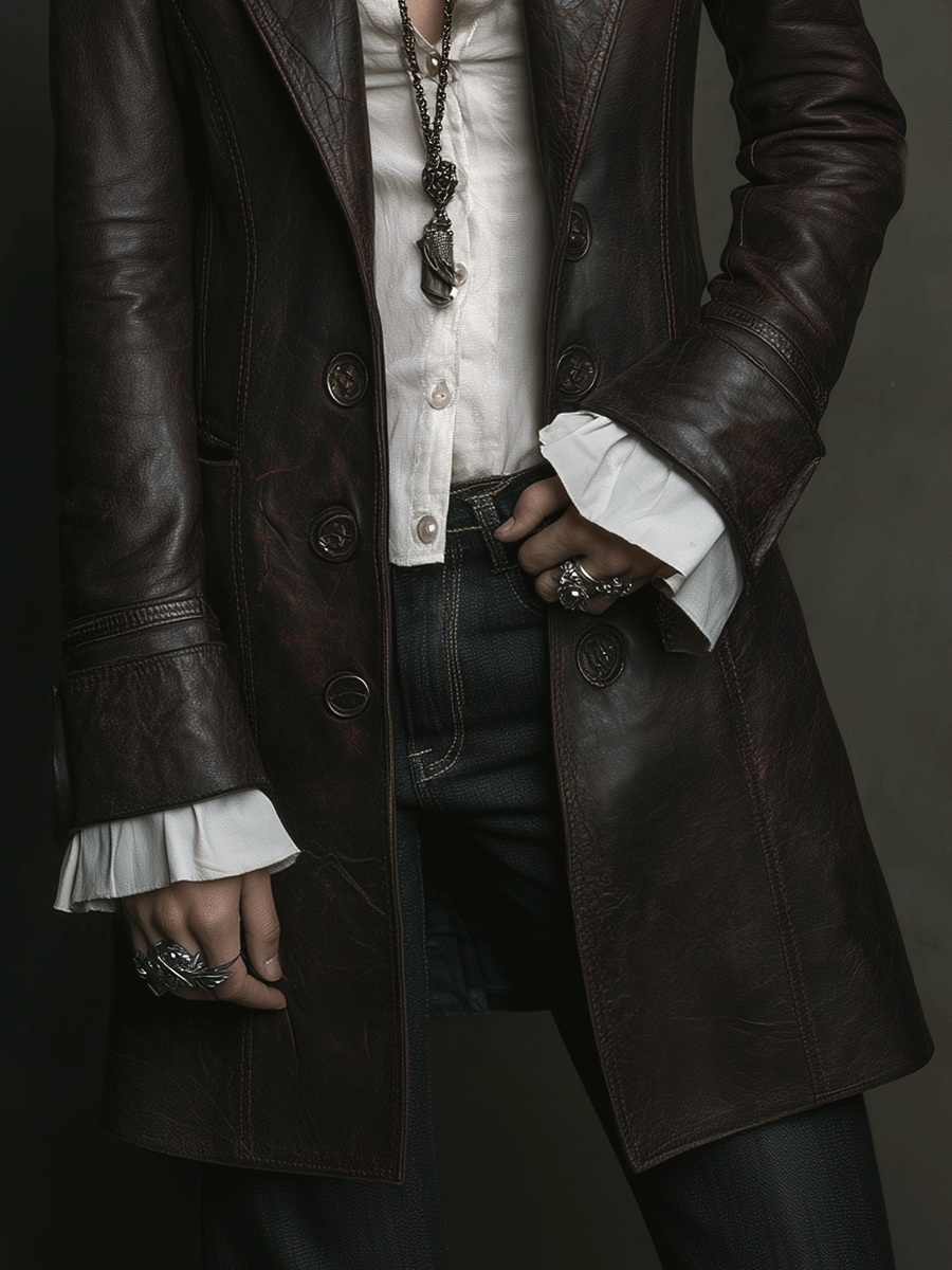 Vintage Brown Leather Tailored Long Coat