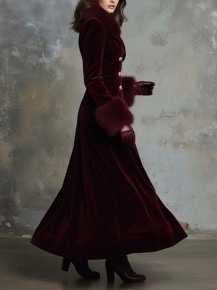 Velvet Long Coat With Faux Fur Collar & Cuffs – Burgundy Wine