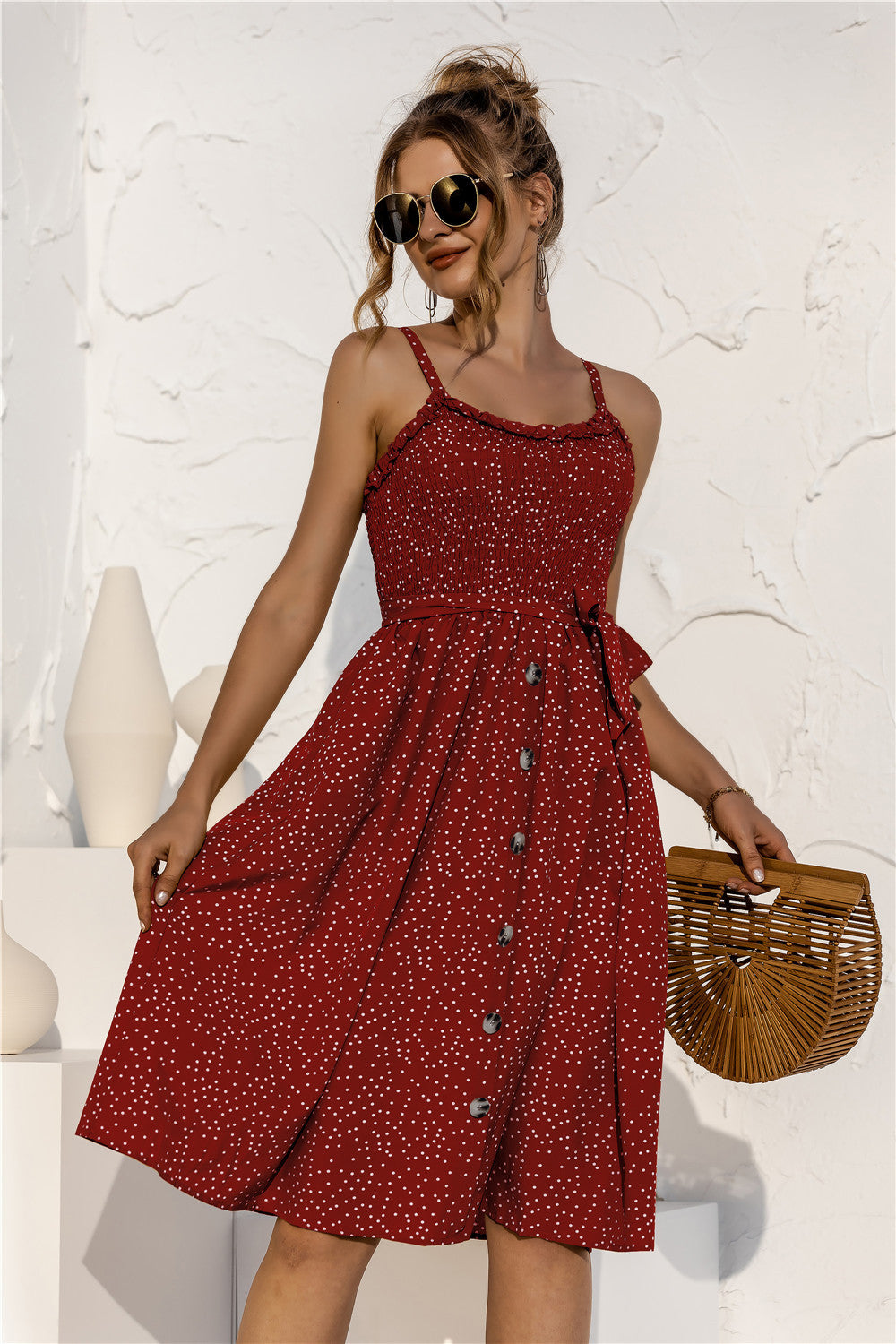 Floral Polka-Dot Button-Breasted Dress