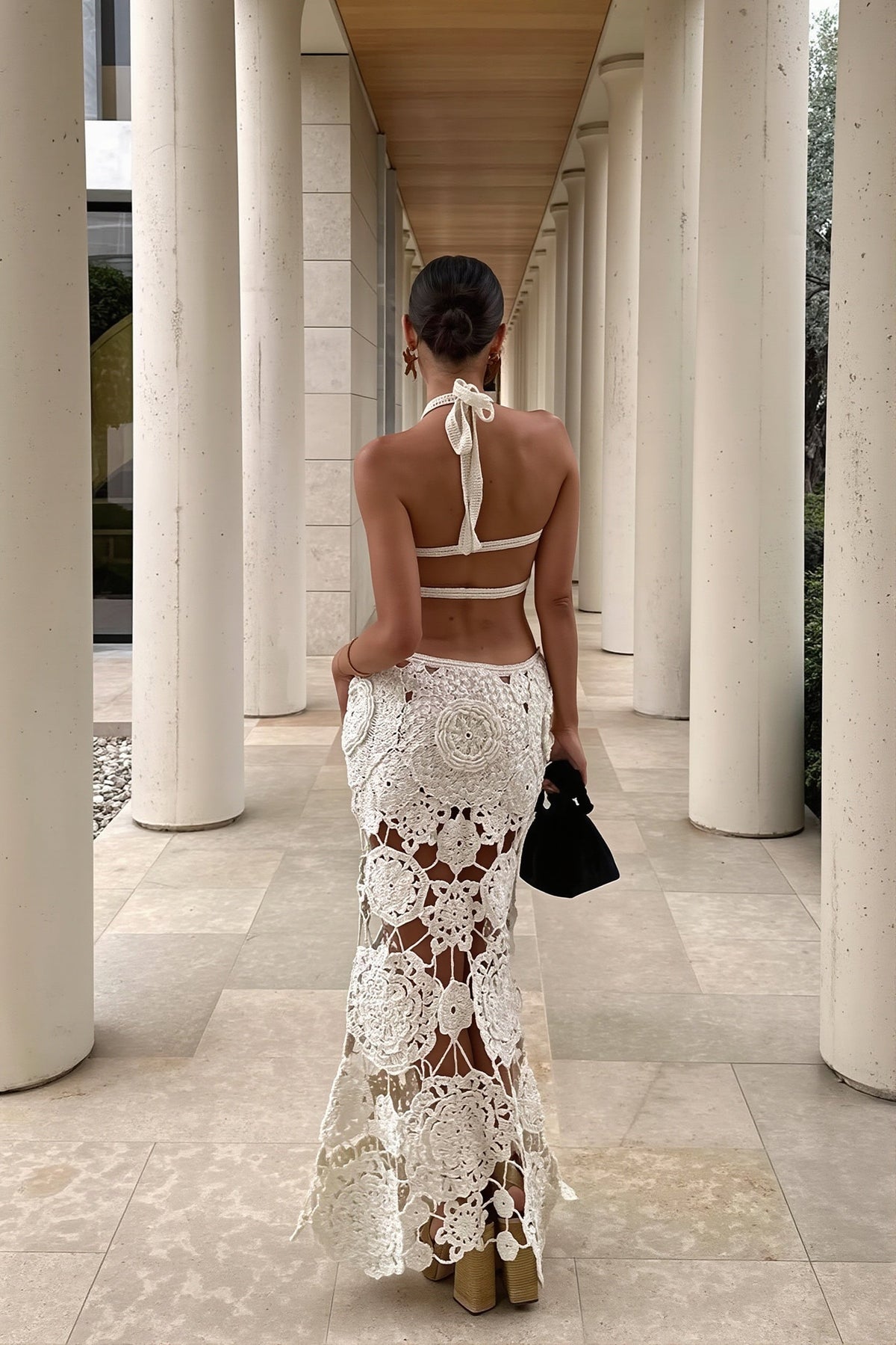 Crochet Halter Neck Cut Out Fishtail Maxi Dress 3