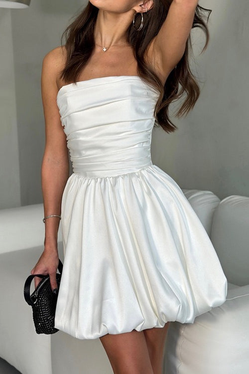 Strapless Ruched Bubble Hem Satin Mini Dress