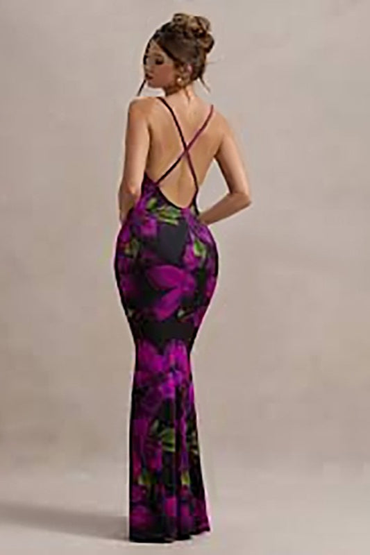Floral Print Cowl-Neck Spaghetti Strap Bodycon Maxi Dress 2