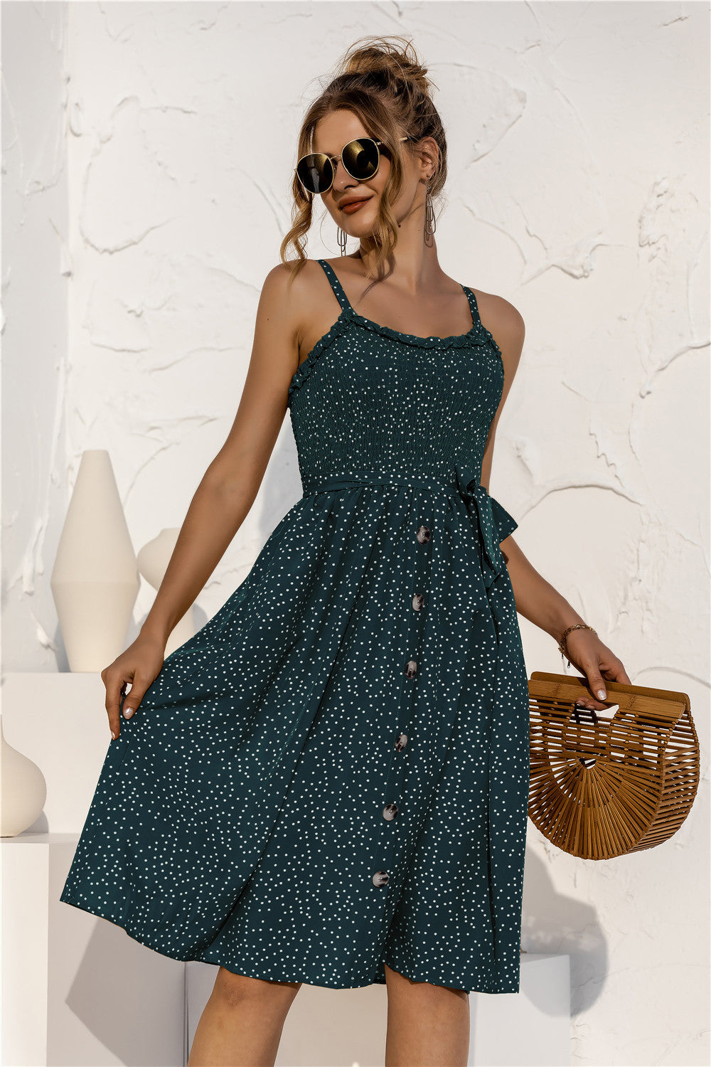 Floral Polka-Dot Button-Breasted Dress
