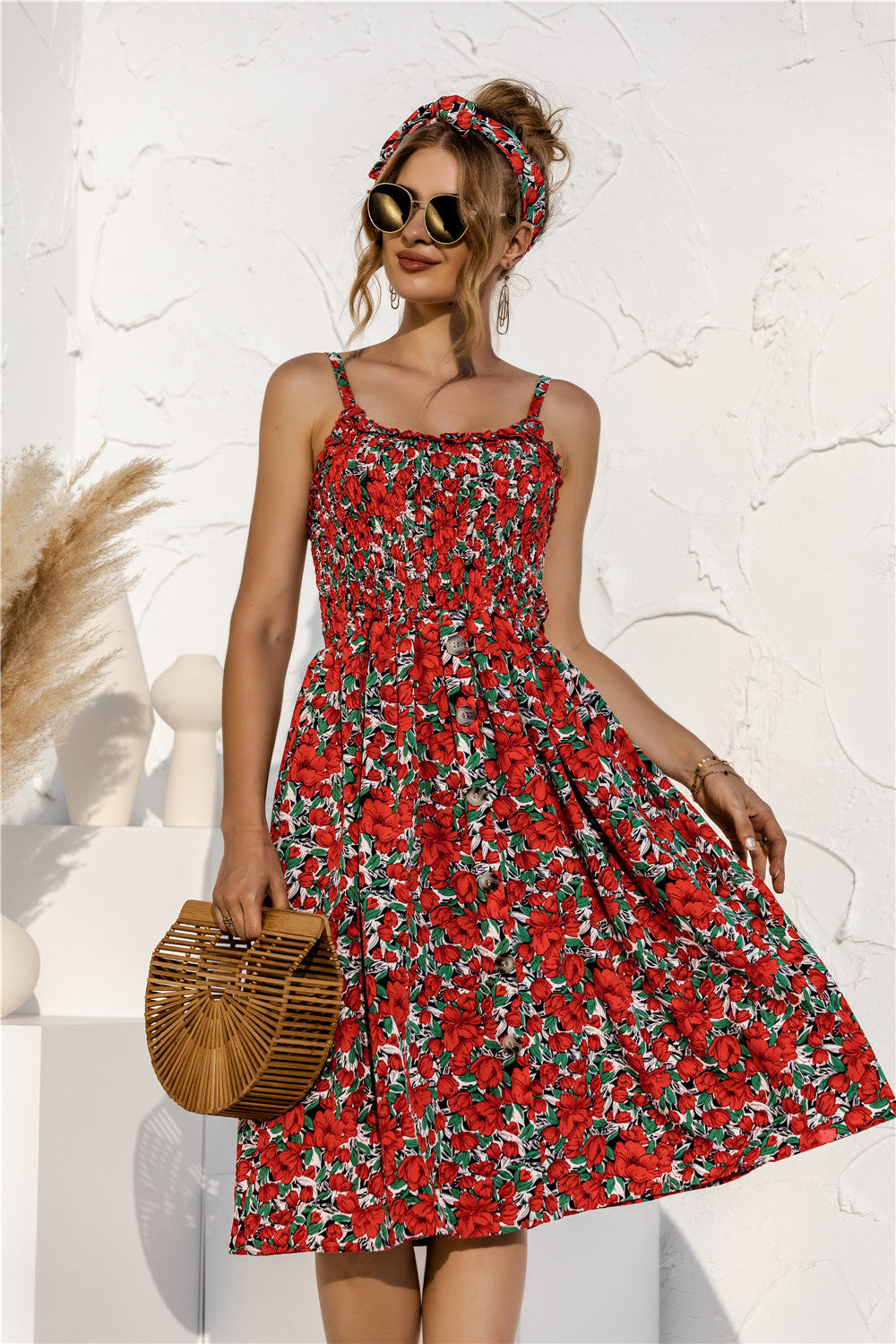 Floral Polka-Dot Button-Breasted Dress