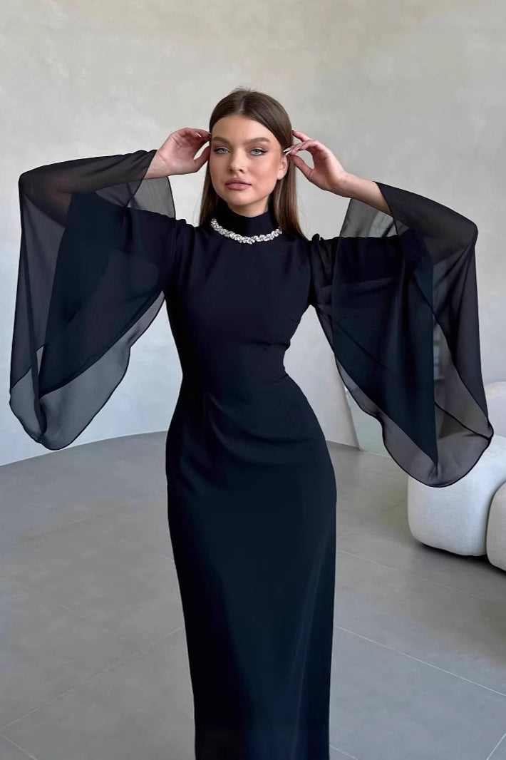 High Neck Long Sleeve Rhinestone Bodycon Maxi Prom Dress