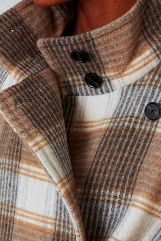 Color Block Check Tweed Belted Overcoat