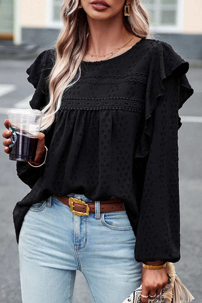 Long Sleeve Ruffle Round Neck Casual Tops - Fashionpara