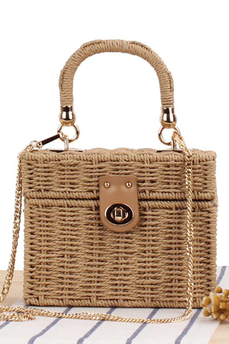 Box Shape Top-Handle Woven Straw Beach Handbag - Fashionpara