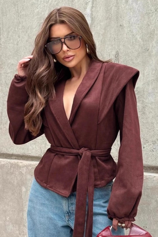 Loose Fit V Neck Suede Coat - Fashionpara