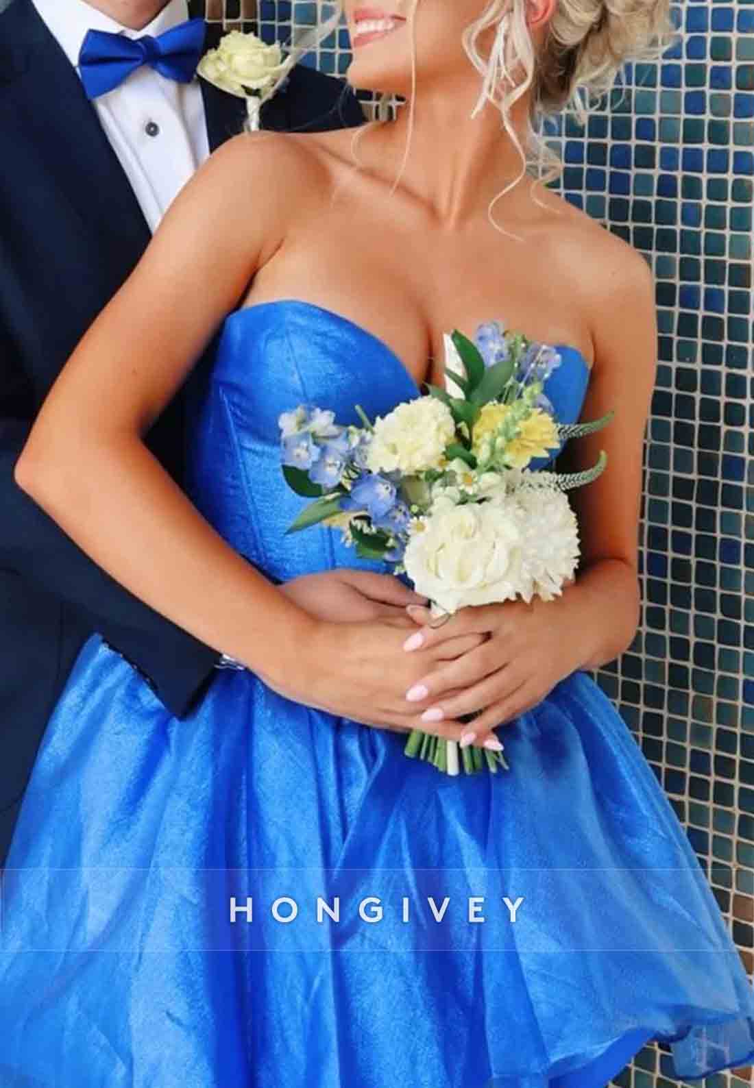 Strapless A-Line Pleated Sweetheart Low Back Short Homecoming Dresses