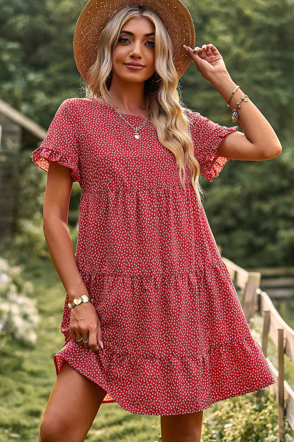 Cute Round Neck Floral Print Mini Dress Fashionpara