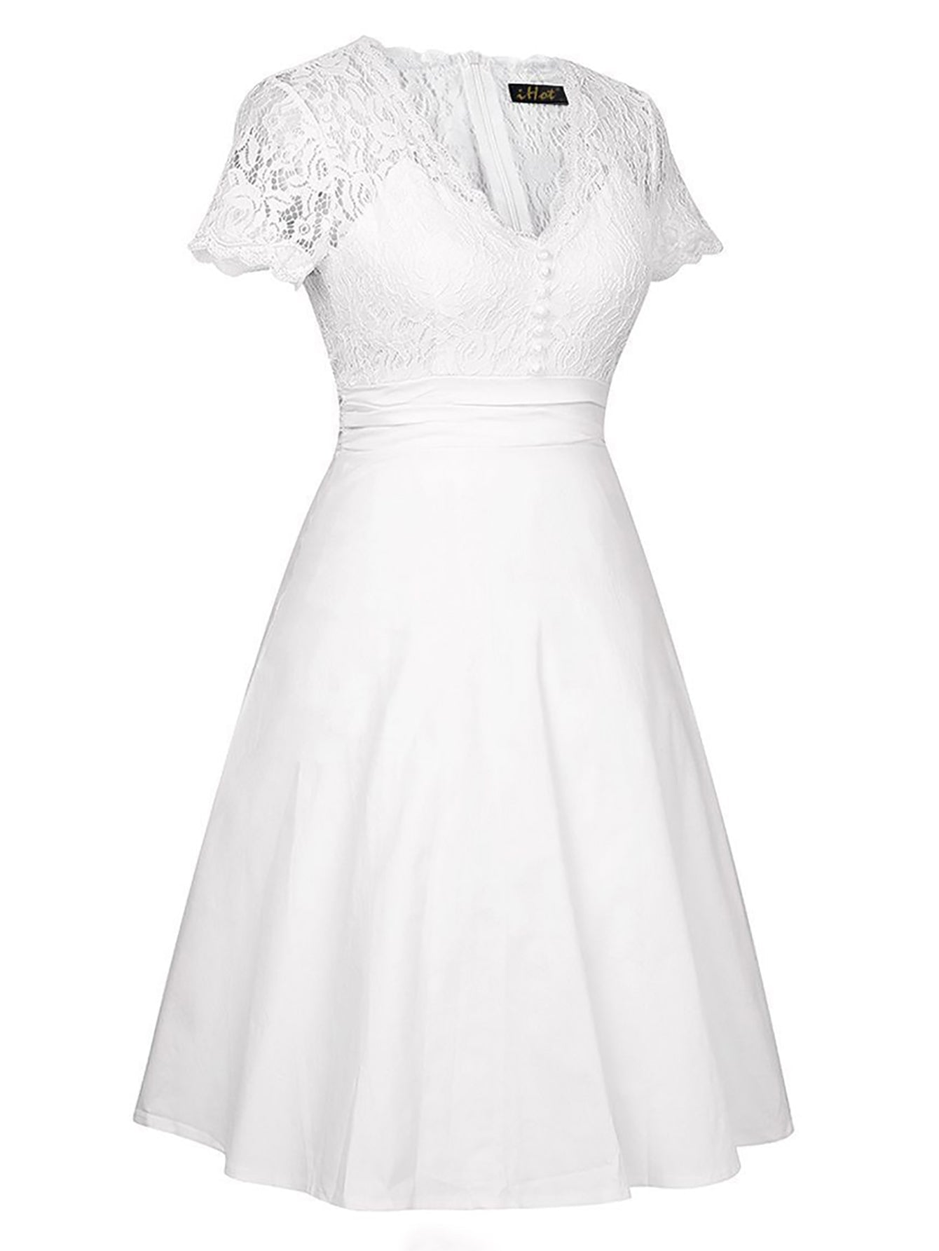 White V Neck Lace Panel Sexy Midi Graduation Dress - Fashionpara
