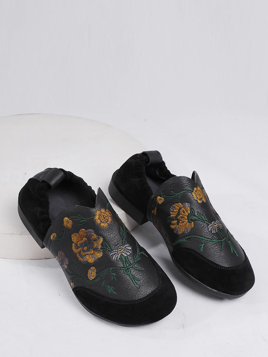 Ethnic Autumn Embroidery Leather Low Heel Shoes