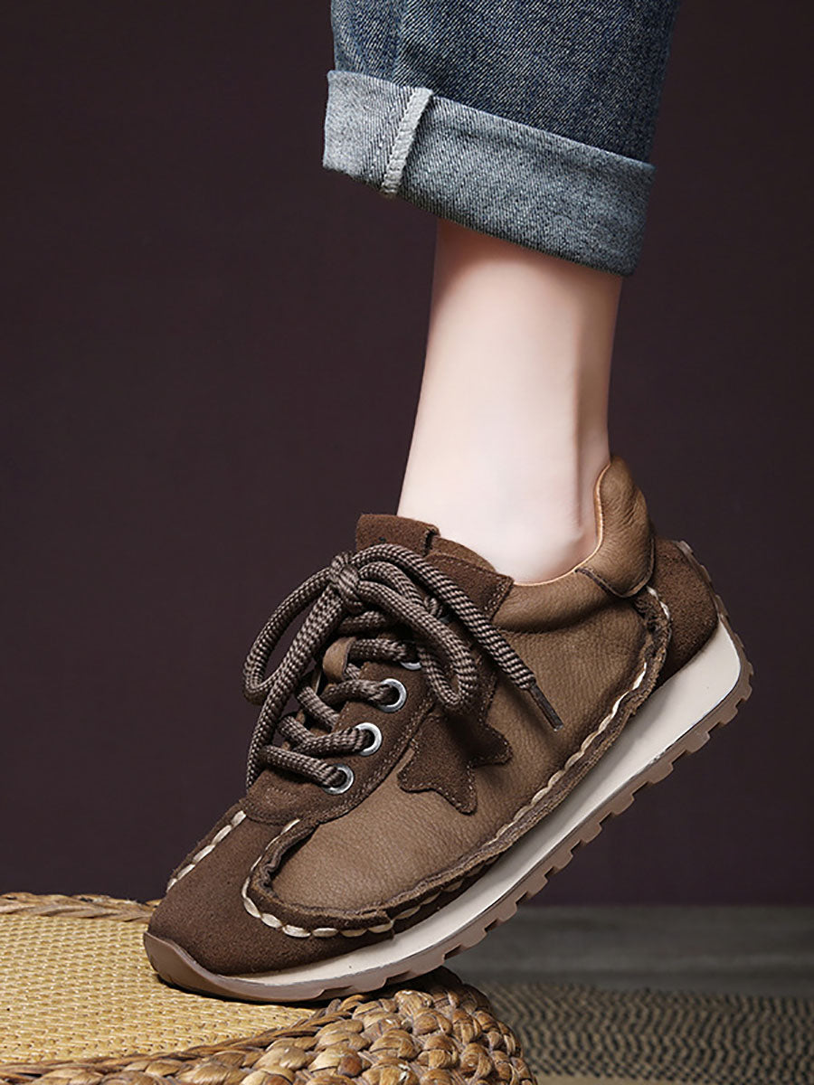 Retro Leather Colorblock Low Heel Sport Shoes