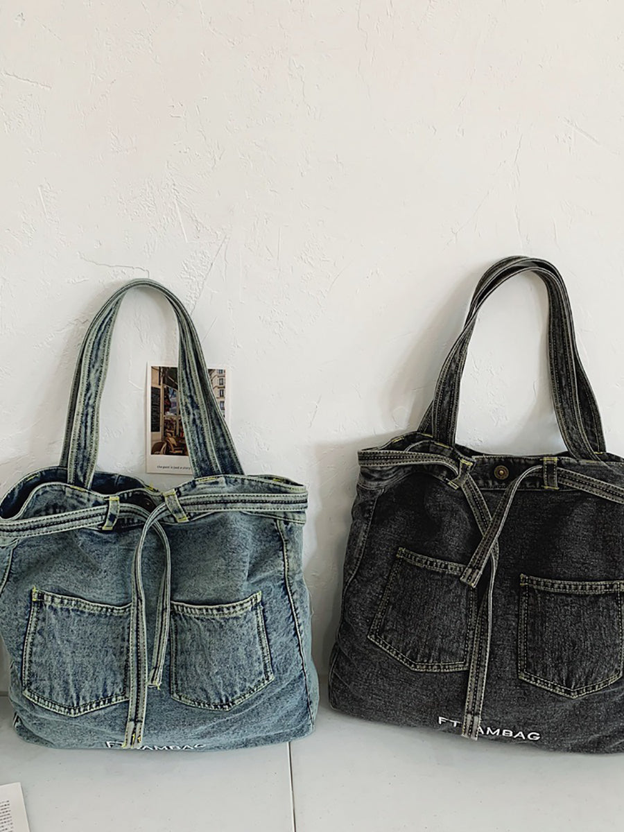 Vintage Solid Pocket Denim Handbag Shoulder Bag