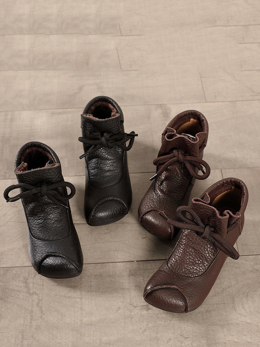Retro Soft Leather Spliced Strap Low Heel Boots