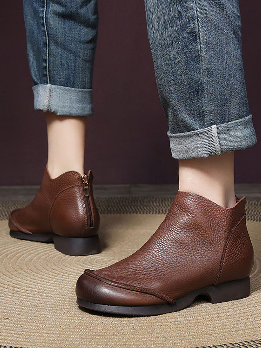 Elegant Solid Leather Spliced Low Heel Boots